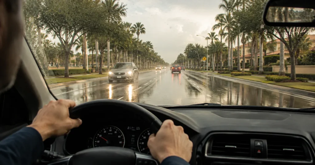 Car driving cautiously through heavy Florida rainstorm