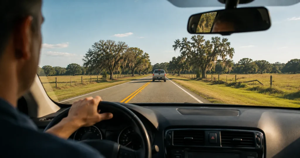 Driver passing safely in a marked zone on a rural two-lane road