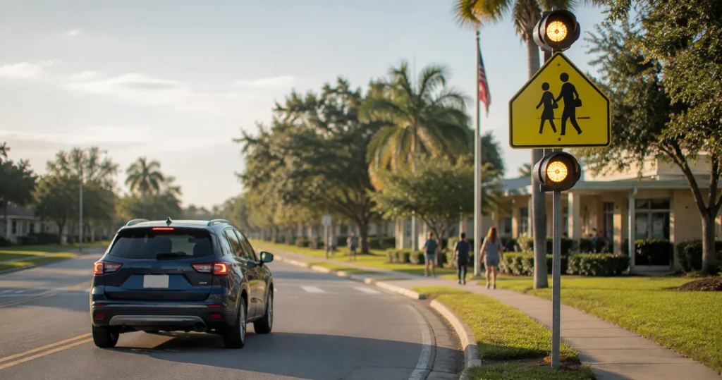 Driver slowing down for a posted school zone speed limit sign