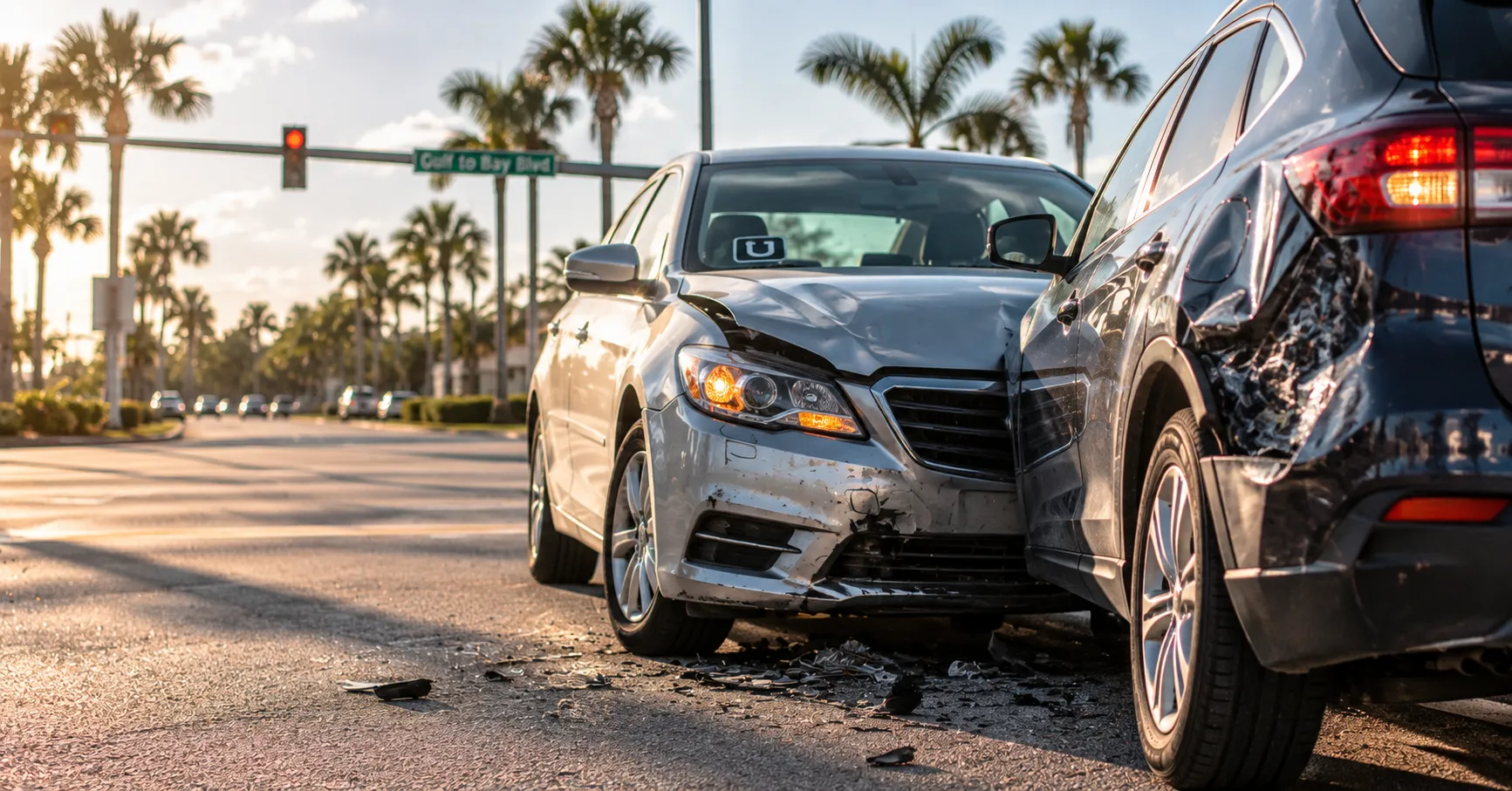 Two dented cars at a Spring Hill intersection, one with a rideshare decal, after a crash