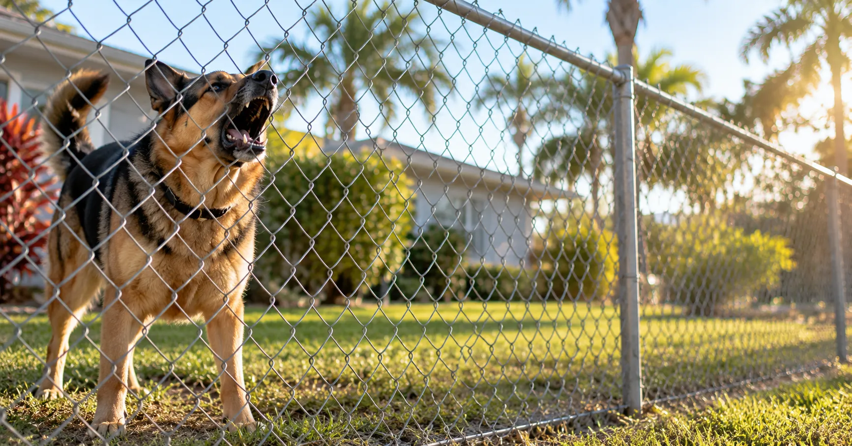 Large dog barking behind a chain-link fence in a Wesley Chapel front yard