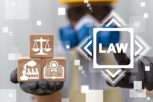 Concept image of law in manufacturing and production, highlighting legal justice, workers' rights, and compensation within the industry.